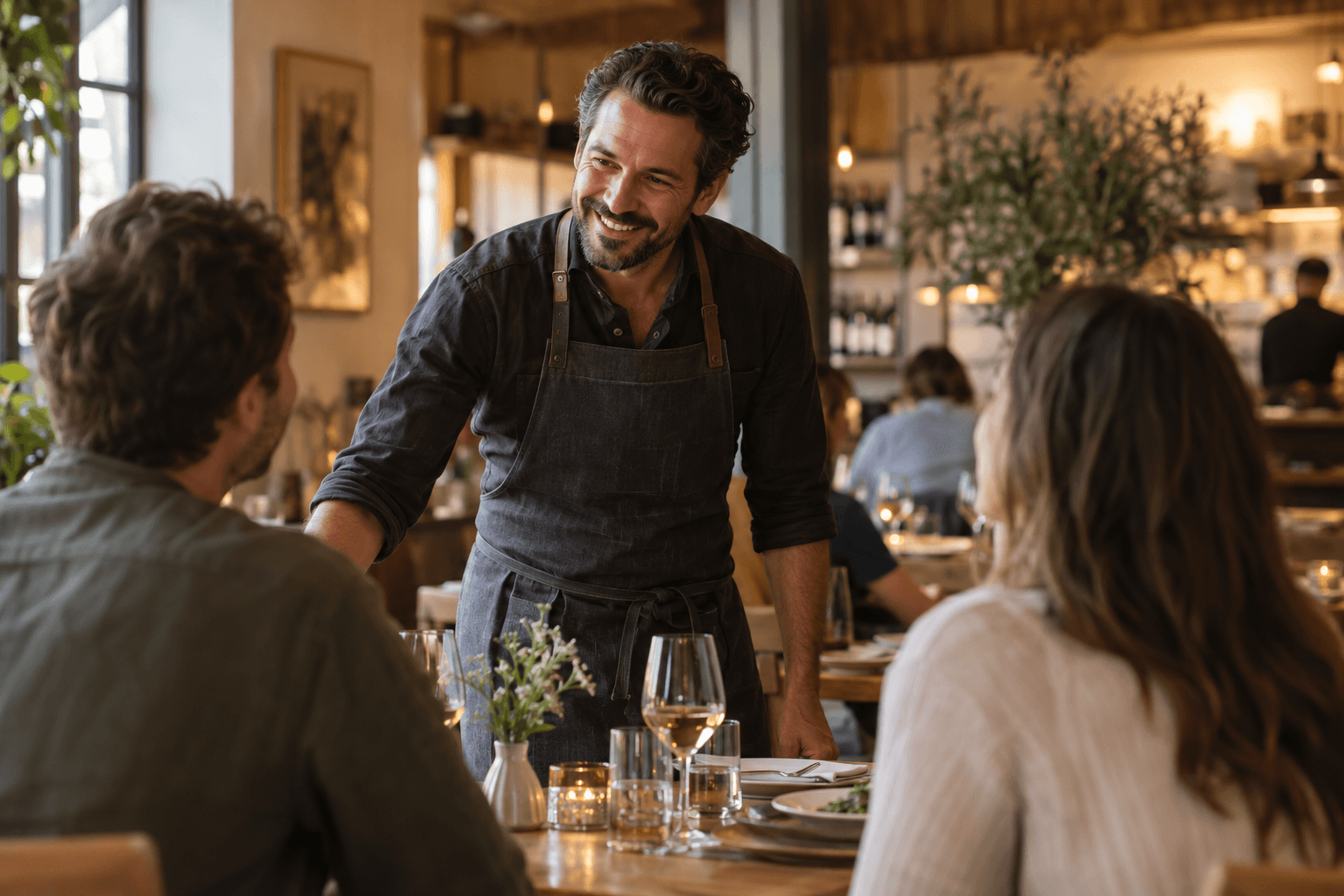 A restaurant owner welcoming guests at their table